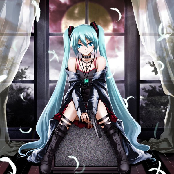 Anime picture 2000x2000 with vocaloid hatsune miku kuromayu single long hair looking at viewer fringe highres blue eyes smile sitting twintails bare shoulders holding indoors aqua hair alternate costume girl skirt weapon