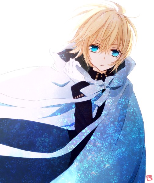 Anime picture 900x1071 with owari no seraph wit studio hyakuya mikaela tsukimori usako single tall image looking at viewer fringe short hair blue eyes blonde hair simple background white background parted lips wind military boy gloves uniform white gloves