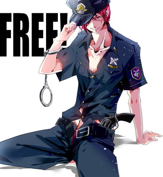 Anime picture 1033x1122 with free! kyoto animation matsuoka rin motoki2211 single tall image short hair simple background smile red eyes white background sitting holding red hair open clothes copyright name smirk open pants police boy