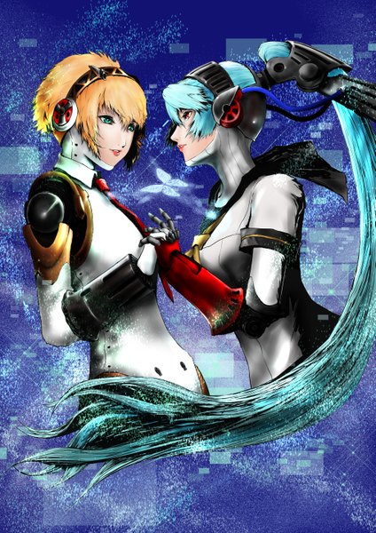 Anime picture 1013x1432 with persona 4 persona 3 persona aegis labrys yuu (primenumber7) long hair tall image short hair red eyes multiple girls blue hair ponytail very long hair profile lips holding hands face to face eye contact girl