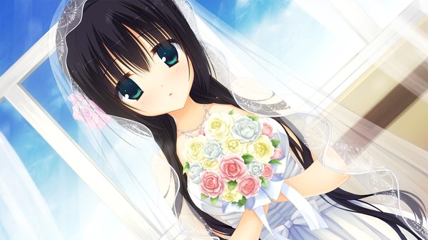 Anime picture 1280x720 with amairo islenauts yuzusoft amagiri yune muririn single long hair looking at viewer blue eyes black hair wide image game cg girl dress flower (flowers) bouquet wedding dress wedding veil