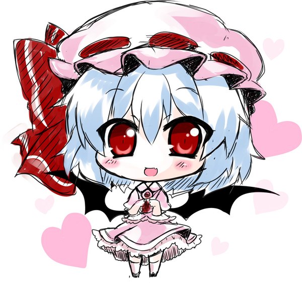 Anime picture 854x800 with touhou remilia scarlet noai nioshi single blush fringe short hair open mouth simple background hair between eyes red eyes standing white background blue hair looking away full body short sleeves embarrassed puffy sleeves happy