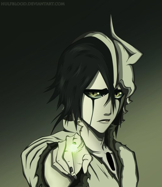 Anime picture 1800x2081 with bleach studio pierrot ulquiorra schiffer hulfblood single tall image highres short hair black hair yellow eyes japanese clothes horn (horns) coloring magic portrait face pointing espada boy kimono