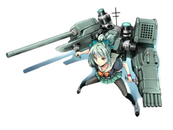 Anime picture 1600x1200 with kantai collection yuubari light cruiser gin'ichi (akacia) single looking at viewer short hair simple background white background yellow eyes full body ponytail aqua hair shadow looking up girl skirt bow weapon hair bow miniskirt