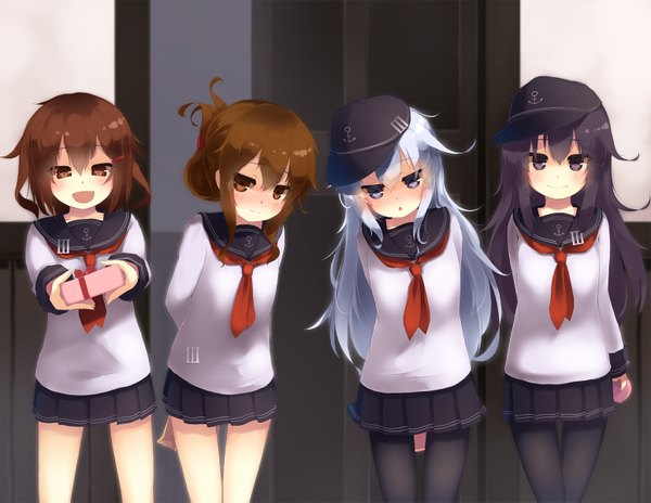 Anime picture 1550x1200 with kantai collection hibiki destroyer akatsuki destroyer inazuma destroyer ikazuchi destroyer gengetsu chihiro long hair looking at viewer blush fringe short hair open mouth black hair smile hair between eyes brown hair standing purple eyes multiple girls holding