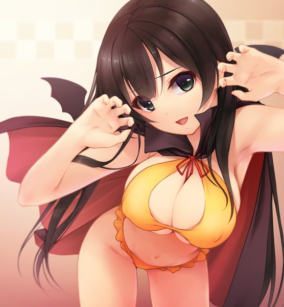 Anime picture 927x1000 with kantai collection agano light cruiser ichikawa noa single long hair tall image breasts open mouth blue eyes light erotic black hair large breasts cleavage bat wings girl navel swimsuit bikini wings cape