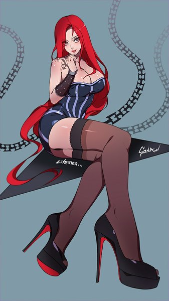 Anime picture 576x1024 with league of legends sona buvelle gu-ko citemer single long hair tall image looking at viewer breasts light erotic simple background large breasts brown eyes red hair high heels girl thighhighs underwear panties black thighhighs black panties