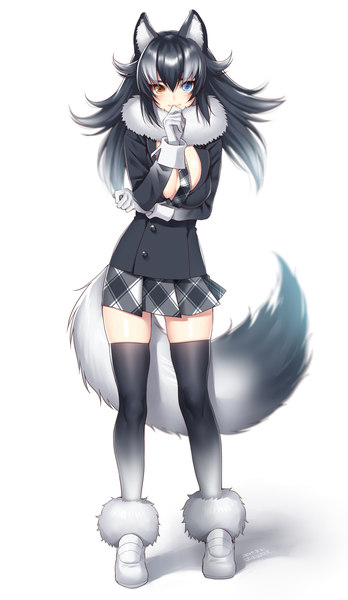 Anime picture 696x1200 with kemono friends grey wolf (kemono friends) hattori (junoct2000) single long hair tall image looking at viewer blush fringe breasts blue eyes light erotic black hair simple background smile hair between eyes large breasts standing white background signed
