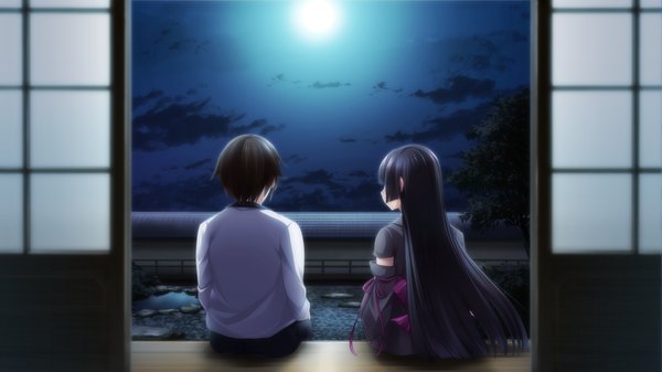 Anime picture 1280x720 with izuna zanshinken (game) long hair short hair black hair wide image game cg purple hair japanese clothes night couple girl boy kimono moon