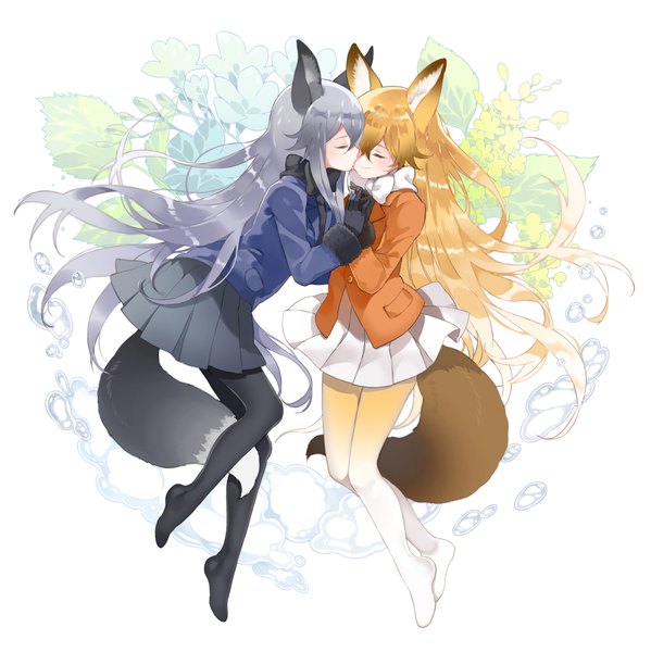 Anime picture 1000x1003 with kemono friends ezo red fox (kemono friends) silver fox (kemono friends) shiosoda long hair tall image fringe blonde hair hair between eyes multiple girls animal ears silver hair full body tail eyes closed animal tail profile pleated skirt no shoes fox ears