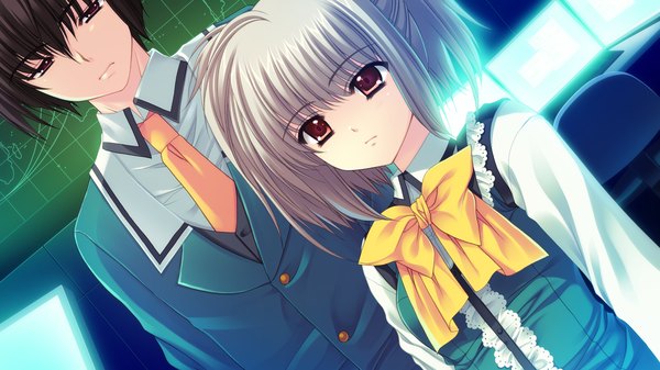 Anime picture 1280x720 with world wide love! (game) kona nako nishimata aoi black hair red eyes wide image silver hair grey hair girl boy bow