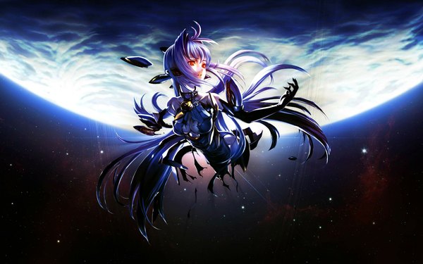 Anime picture 1920x1200 with xenosaga monolith software kos-mos highres red eyes wide image white hair very long hair space girl gloves elbow gloves planet