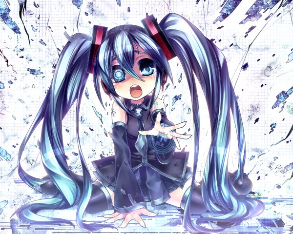 Anime picture 1500x1200 with vocaloid hatsune miku mamuru single open mouth simple background twintails very long hair aqua eyes aqua hair girl thighhighs skirt detached sleeves headphones