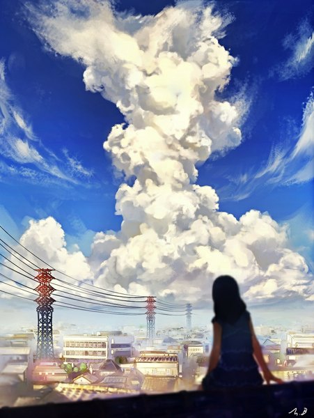 Anime picture 800x1065 with original m.b single long hair tall image black hair sitting signed sky cloud (clouds) from behind sunlight blurry shadow back city cityscape girl plant (plants) tree (trees)