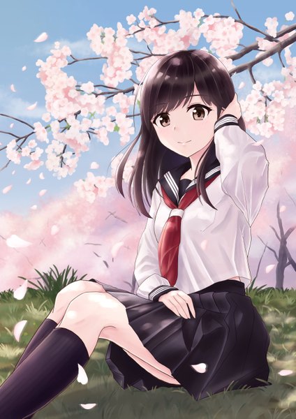 Anime picture 1024x1449 with original yukimaru217 single long hair tall image looking at viewer fringe smile brown hair sitting brown eyes sky bent knee (knees) outdoors long sleeves pleated skirt cherry blossoms adjusting hair spring girl