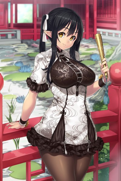 Anime picture 1000x1500 with original elf (houtengeki) houtengeki single long hair tall image looking at viewer breasts black hair smile large breasts twintails yellow eyes pointy ears girl dress pantyhose closed fan