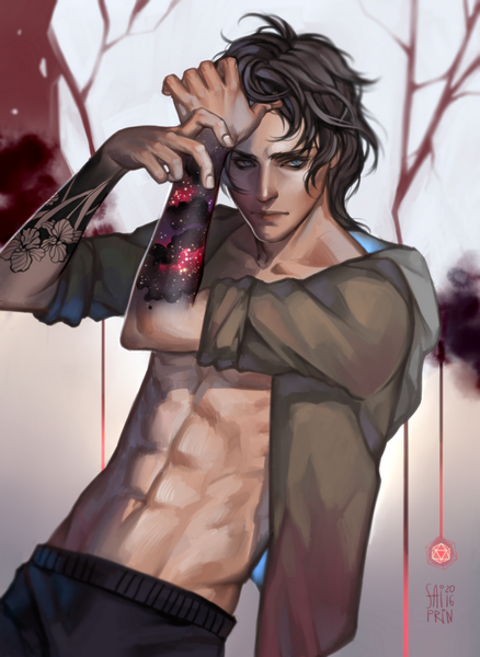 Anime picture 1169x1600 with original saiprin single tall image looking at viewer short hair blue eyes black hair signed upper body realistic open jacket tattoo hand on head muscle twisty sleeves abs boy jacket