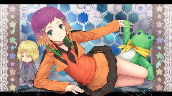Anime picture 1200x675 with aquarion (series) aquarion evol satelight jin musou yunoha thrul hourainingyou looking at viewer fringe short hair blue eyes blonde hair smile wide image green eyes looking away multicolored hair hair over one eye chibi solid eyes girl