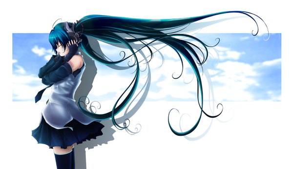 Anime picture 1600x926 with vocaloid hatsune miku single long hair open mouth wide image twintails eyes closed profile green hair girl thighhighs detached sleeves headphones