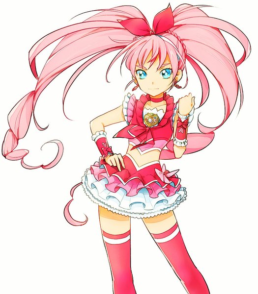 Anime picture 828x946 with precure suite precure toei animation houjou hibiki cure melody kurochiroko single long hair tall image looking at viewer fringe blue eyes simple background white background twintails pink hair zettai ryouiki hand on hip frilly skirt magical girl