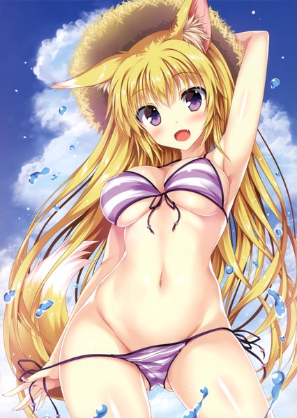 Anime picture 2860x4030 with original tateha (marvelous grace) single long hair tall image looking at viewer blush fringe highres open mouth light erotic blonde hair purple eyes bare shoulders animal ears tail animal tail scan teeth bare belly