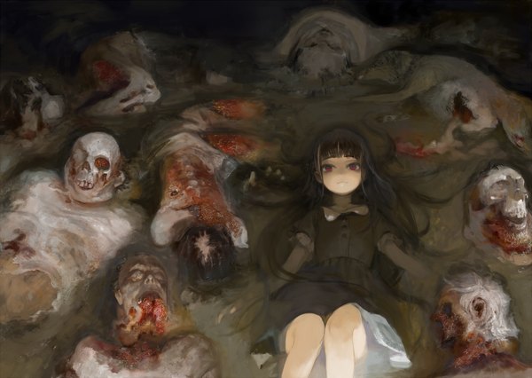 Anime picture 1600x1138 with original attall single long hair looking at viewer fringe black hair red eyes bent knee (knees) knees touching death guro girl dress black dress skull corpse