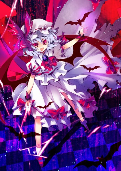 Anime picture 1000x1415 with touhou remilia scarlet aya003030 single tall image short hair open mouth red eyes purple hair checkered floor girl dress wings bonnet bat