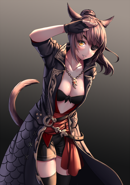 Anime picture 566x800 with final fantasy final fantasy xiv square enix miqo'te aruma jiki single long hair tall image looking at viewer blush fringe light erotic simple background smile brown hair animal ears yellow eyes payot ponytail tail