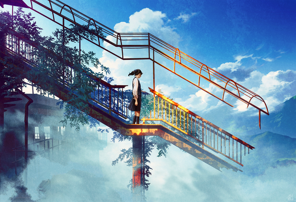 Anime picture 1100x750 with original mocha (cotton) single long hair standing sky cloud (clouds) full body outdoors ponytail pleated skirt wind fog girl skirt uniform school uniform socks black socks building (buildings)