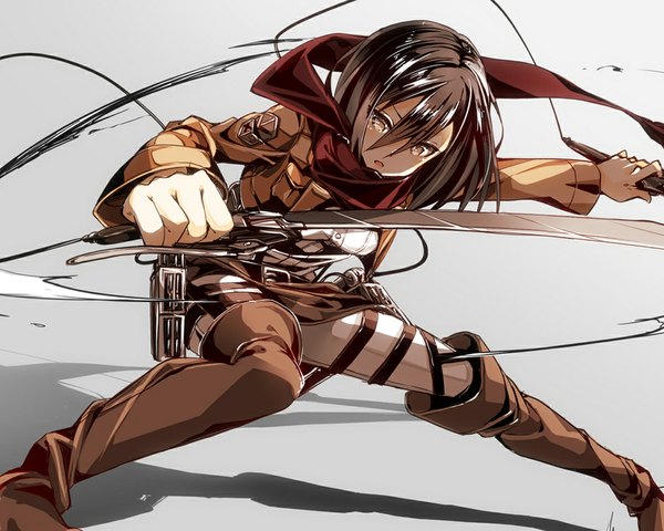 Anime picture 1000x800 with shingeki no kyojin production i.g mikasa ackerman 218 single looking at viewer short hair open mouth black hair holding brown eyes open clothes open jacket shadow dual wielding girl weapon sword jacket boots