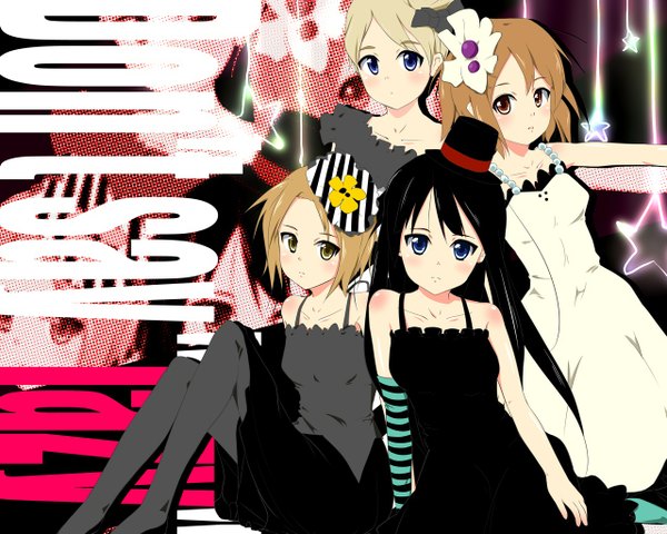 Anime picture 1280x1024 with k-on! kyoto animation akiyama mio hirasawa yui kotobuki tsumugi tainaka ritsu naka (cheeseyeast) long hair looking at viewer short hair blue eyes black hair blonde hair brown hair multiple girls brown eyes wallpaper don't say "lazy" girl dress