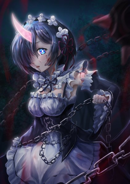 Anime picture 1284x1824 with re:zero kara hajimeru isekai seikatsu white fox rem (re:zero) lunacle single tall image looking at viewer fringe short hair breasts blue eyes simple background holding blue hair cleavage blunt bangs long sleeves parted lips horn (horns) hair over one eye