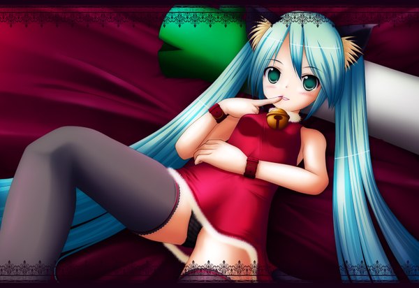 Anime picture 1500x1031 with vocaloid hatsune miku tagme (artist) single long hair light erotic twintails green eyes animal ears blue hair cat ears pantyshot girl thighhighs underwear panties black thighhighs bell leek