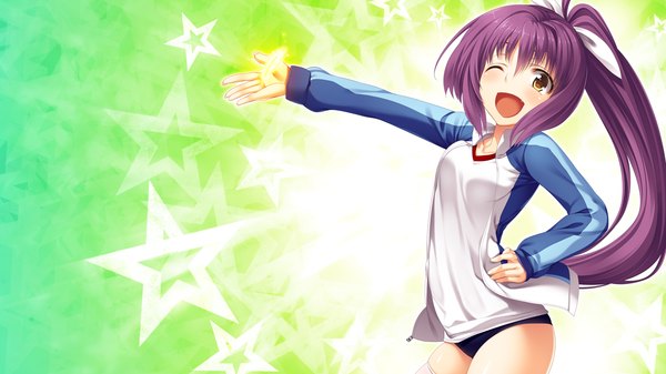 Anime picture 1280x720 with gleam garden no shoujo asahina chitose char single long hair blush open mouth wide image brown eyes game cg purple hair ponytail one eye closed wink girl uniform star (symbol) gym uniform
