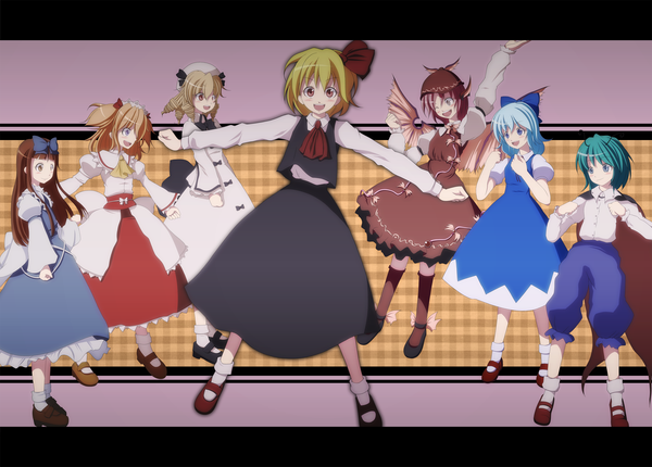 Anime picture 2789x2000 with touhou cirno rumia mystia lorelei wriggle nightbug star sapphire luna child sunny milk s-syogo long hair looking at viewer blush highres short hair open mouth blue eyes blonde hair smile red eyes brown hair