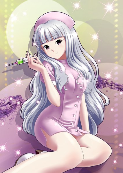Anime picture 850x1200 with idolmaster shijou takane ponnetsu single long hair tall image looking at viewer purple eyes silver hair nurse girl nurse cap syringe