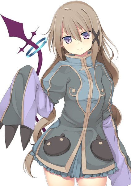 Anime picture 1000x1415 with original mahcdai single long hair tall image looking at viewer fringe simple background smile hair between eyes brown hair standing white background purple eyes tail long sleeves head tilt arm up wide sleeves girl