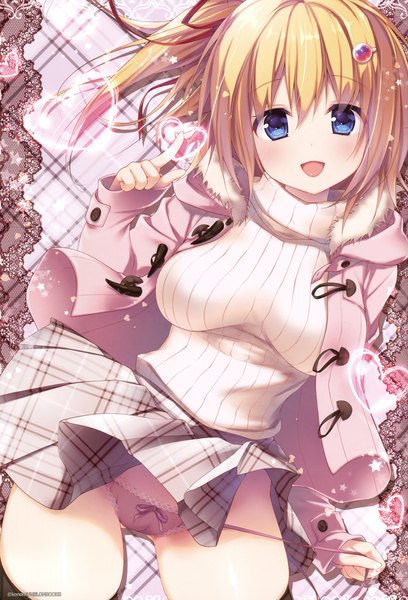 Anime picture 2587x3800 with melonbooks konomi (kino konomi) single tall image looking at viewer blush highres short hair open mouth blue eyes light erotic blonde hair scan open jacket official art one side up girl skirt underwear panties