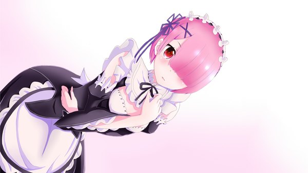 Anime picture 2560x1440 with re:zero kara hajimeru isekai seikatsu white fox ram (re:zero) single looking at viewer blush fringe highres short hair breasts simple background red eyes wide image sitting pink hair hair over one eye maid leaning embarrassed wallpaper