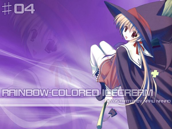 Anime picture 1024x768 with rainbow colored icecream nanao naru single long hair looking at viewer fringe open mouth blonde hair hair between eyes twintails brown eyes signed :d copyright name low twintails zoom layer witch broom riding girl thighhighs