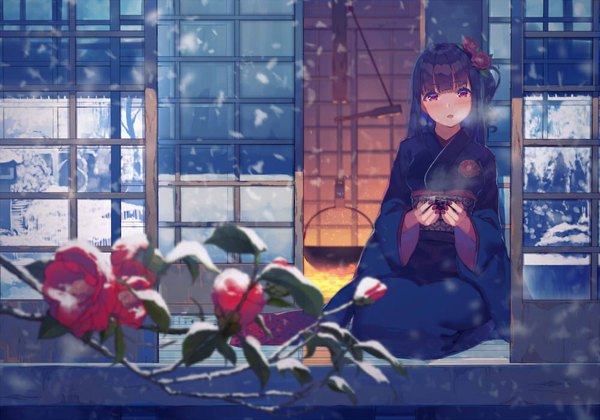 Anime picture 1000x701 with original yasumo (kuusouorbital) single long hair looking at viewer blush fringe black hair red eyes blunt bangs nail polish traditional clothes parted lips japanese clothes hair flower fingernails wide sleeves depth of field snowing snow