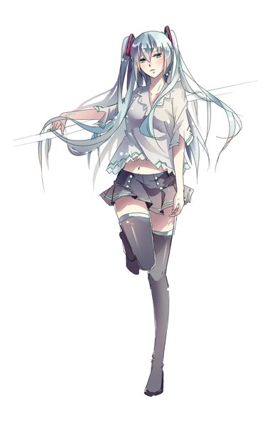 Anime picture 1532x2331 with vocaloid hatsune miku dreamy (artist) single long hair tall image simple background standing white background twintails looking away pleated skirt aqua eyes aqua hair girl thighhighs skirt navel black thighhighs