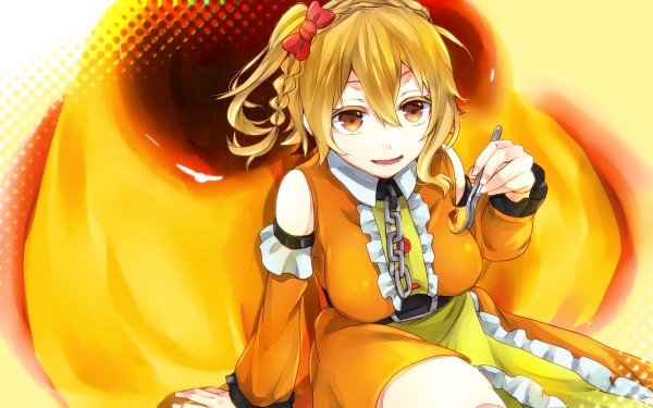 Anime picture 1200x750 with kagerou project shaft (studio) kisaragi momo tomozero single fringe short hair breasts open mouth blonde hair smile hair between eyes large breasts sitting brown eyes looking away braid (braids) from above one side up girl
