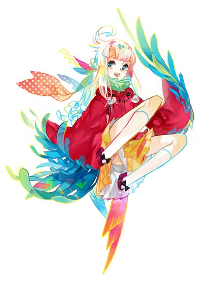 Anime picture 713x1013 with original k ototo (artist) single long hair tall image fringe open mouth blue eyes simple background blonde hair white background looking away ahoge pleated skirt jumping girl skirt wings socks scarf