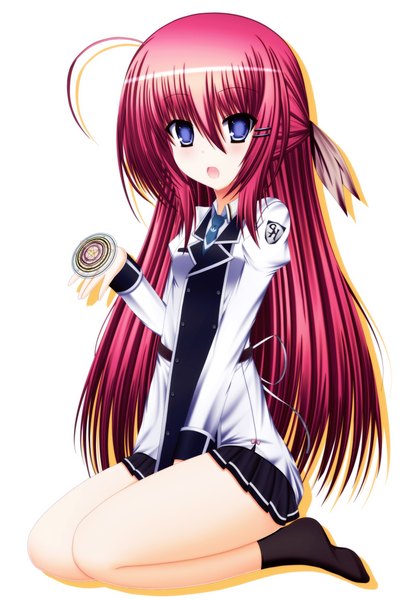 Anime picture 3000x4500 with tagme (copyright) toyokawa itsuki (p mayuhime) single long hair tall image blush highres open mouth simple background white background purple eyes red hair legs girl socks black socks