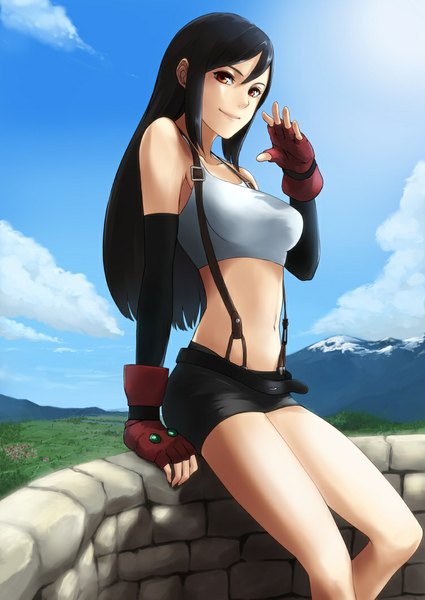 Anime picture 752x1062 with final fantasy final fantasy vii square enix tifa lockhart din (raiden) single long hair tall image breasts black hair smile red eyes sitting sky cloud (clouds) bent knee (knees) from above sunlight shadow city