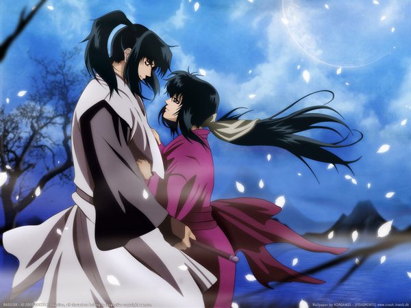 Anime picture 1600x1200 with basilisk iga oboro kouga gennosuke long hair black hair smile signed sky cloud (clouds) ponytail traditional clothes japanese clothes profile light smile night sky couple girl boy bow weapon
