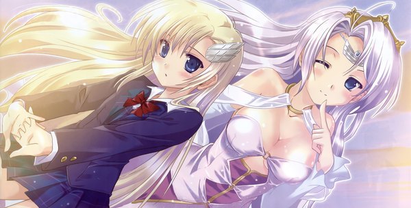 Anime picture 2359x1198 with komatsu eiji long hair highres blue eyes blonde hair wide image multiple girls cleavage white hair finger to mouth girl dress uniform 2 girls school uniform jewelry crown