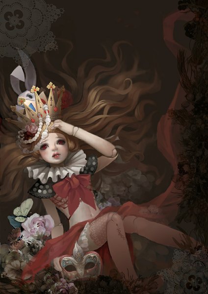 Anime picture 783x1108 with fumiko (vici) single long hair tall image blush red eyes sitting lips midriff dark background hand on head girl thighhighs navel hair ornament flower (flowers) animal insect butterfly mask