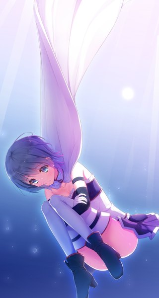 Anime picture 800x1501 with mahou shoujo madoka magica shaft (studio) miki sayaka siva (executor) single tall image short hair blue eyes light erotic blue hair girl thighhighs gloves white thighhighs elbow gloves shoes cape